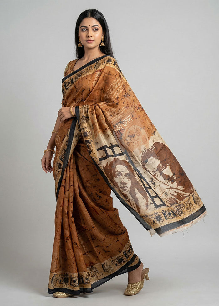 Rust Printed Pure Silk Saree Without Blouse Piece