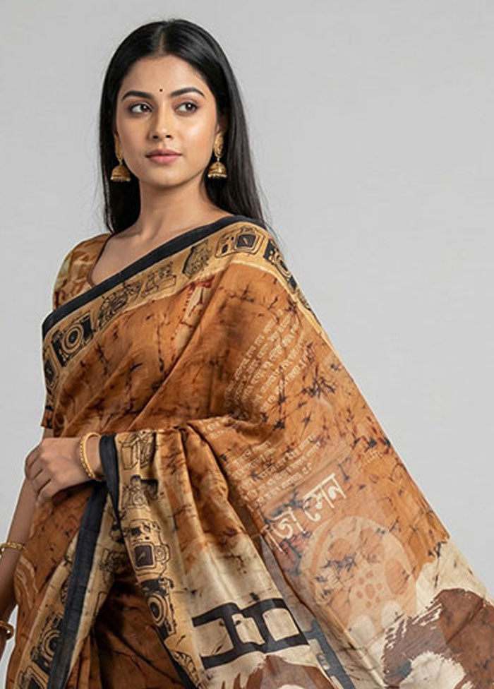 Rust Printed Pure Silk Saree Without Blouse Piece