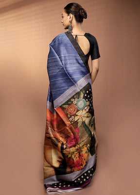 Blue Handloom Printed Pure Silk Saree Without Blouse Piece