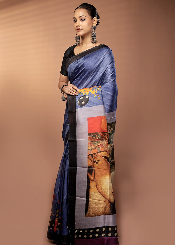 Blue Handloom Printed Pure Silk Saree Without Blouse Piece