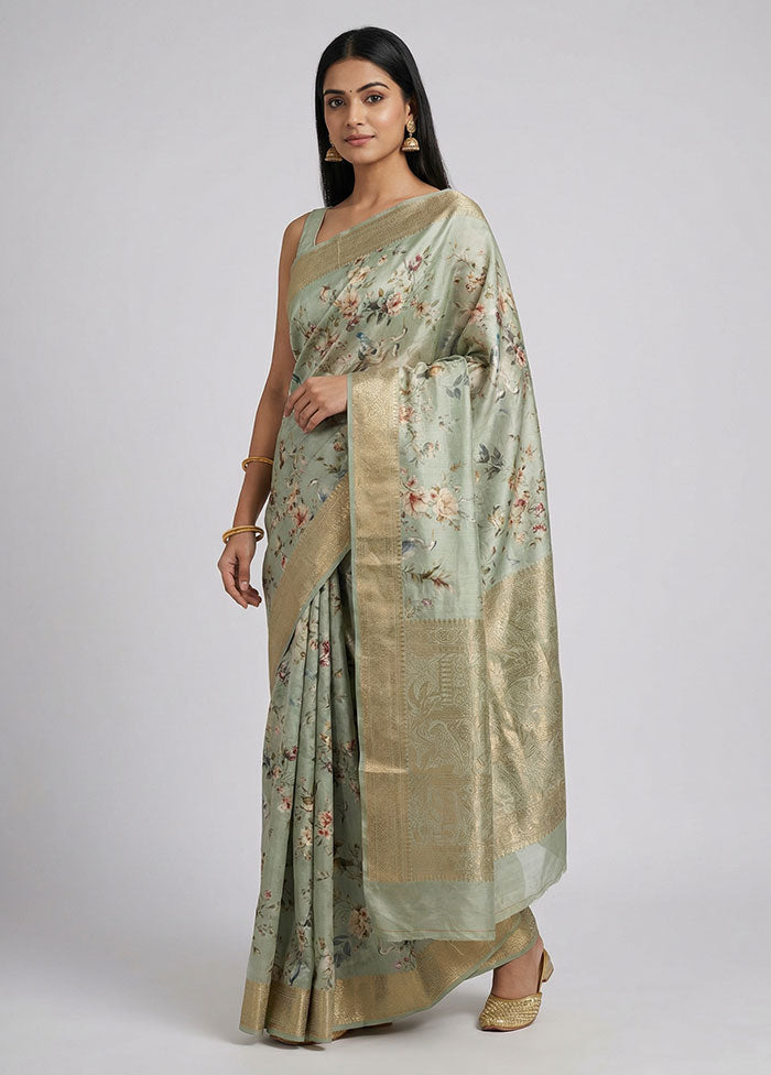 Green Printed Pure Silk Saree Without Blouse Piece