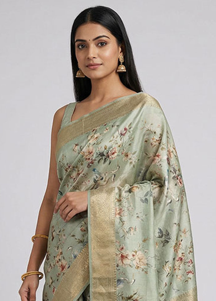 Green Printed Pure Silk Saree Without Blouse Piece