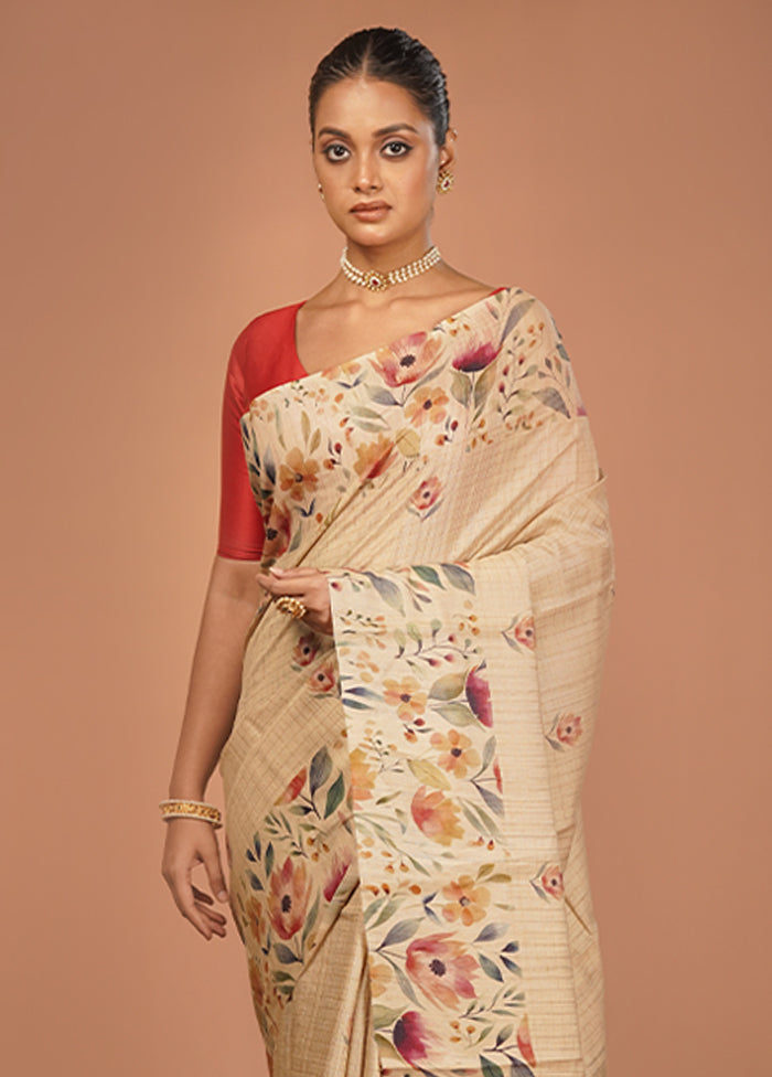Cream Handloom Tussar Pure Silk Saree With Blouse Piece