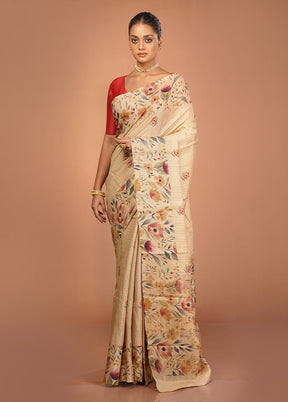 Cream Handloom Tussar Pure Silk Saree With Blouse Piece