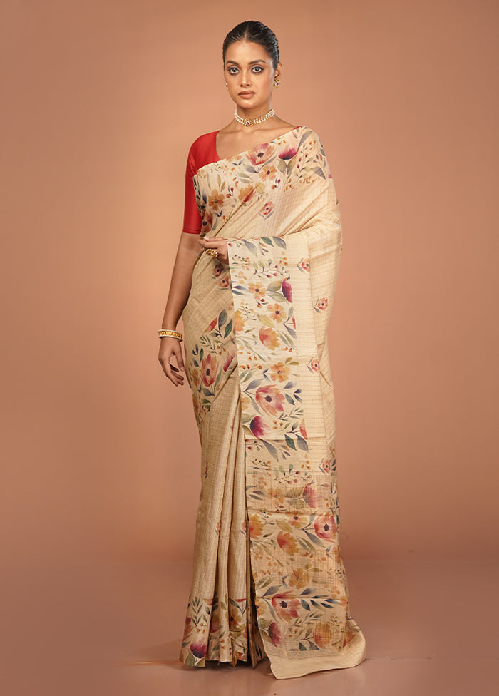 Cream Handloom Tussar Pure Silk Saree With Blouse Piece
