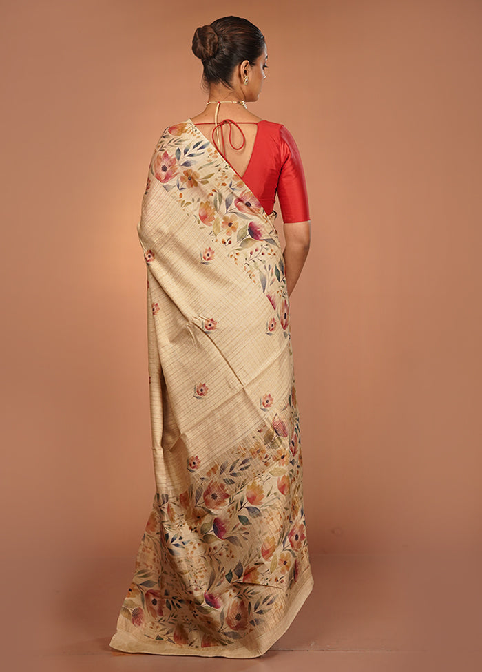 Cream Handloom Tussar Pure Silk Saree With Blouse Piece
