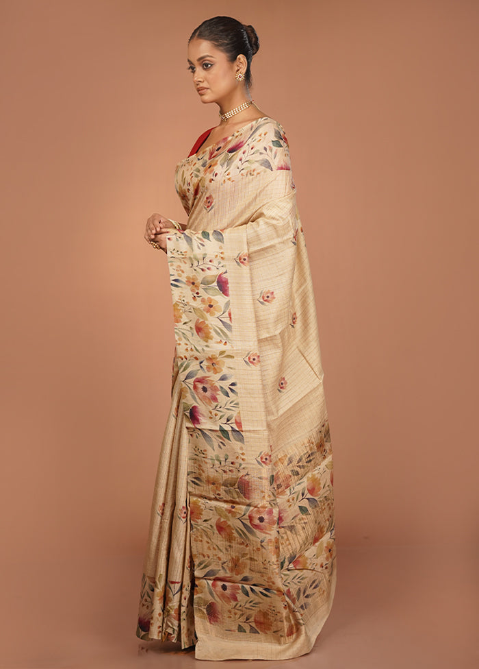 Cream Handloom Tussar Pure Silk Saree With Blouse Piece