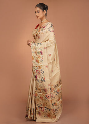 Cream Handloom Tussar Pure Silk Saree With Blouse Piece