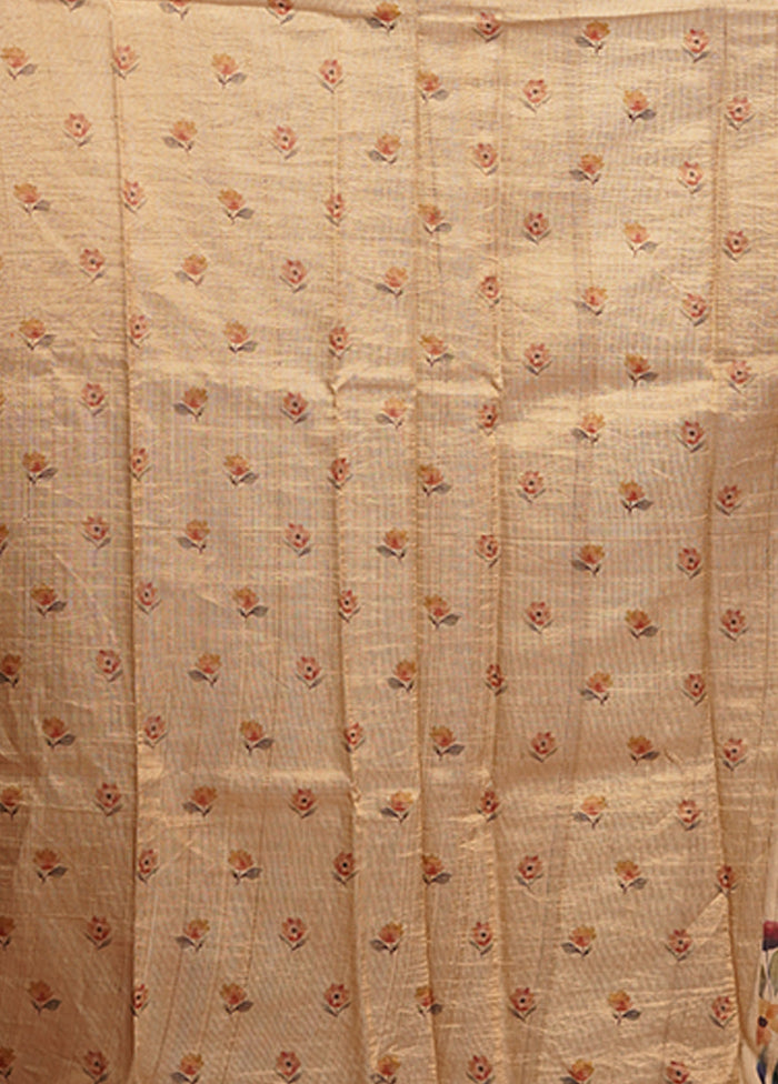 Cream Handloom Tussar Pure Silk Saree With Blouse Piece