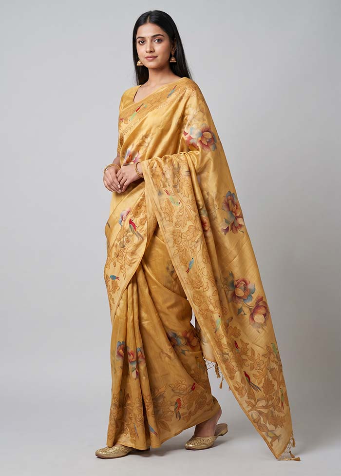Cream Handloom Tussar Pure Silk Saree With Blouse Piece