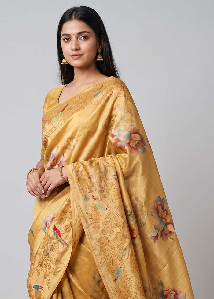 Cream Handloom Tussar Pure Silk Saree With Blouse Piece