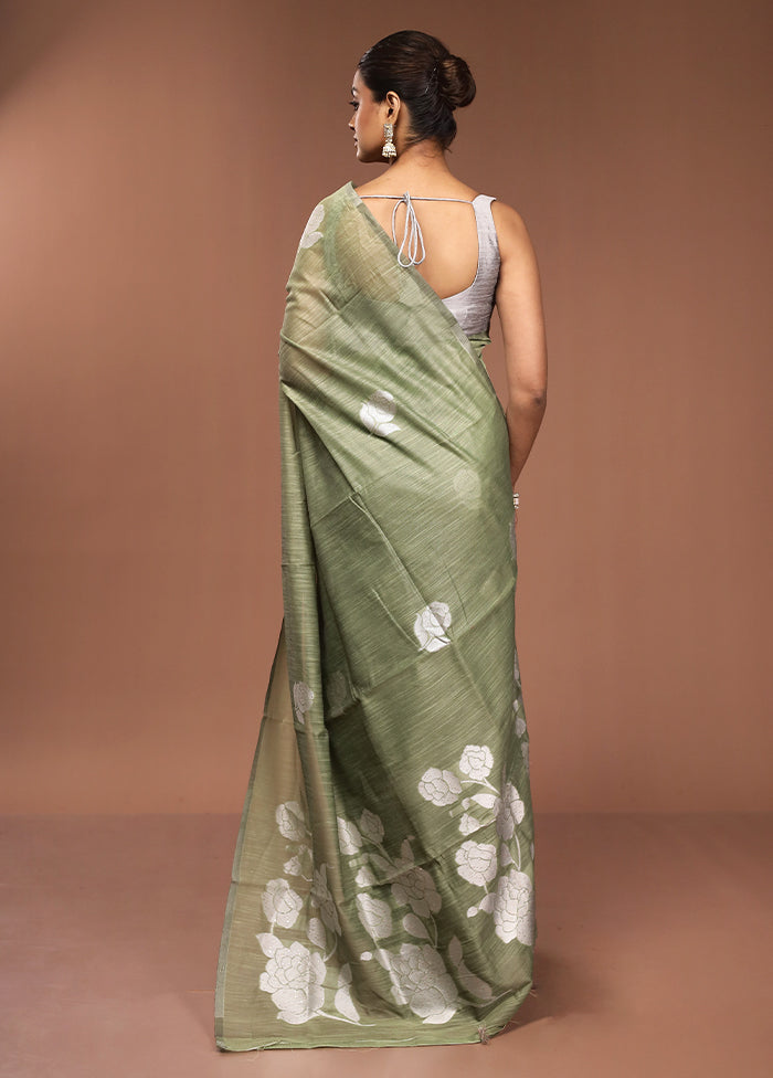 Green Dupion Silk Saree With Blouse Piece