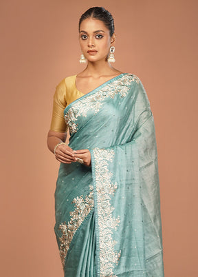 Green Handloom Tussar Pure Silk Saree With Blouse Piece