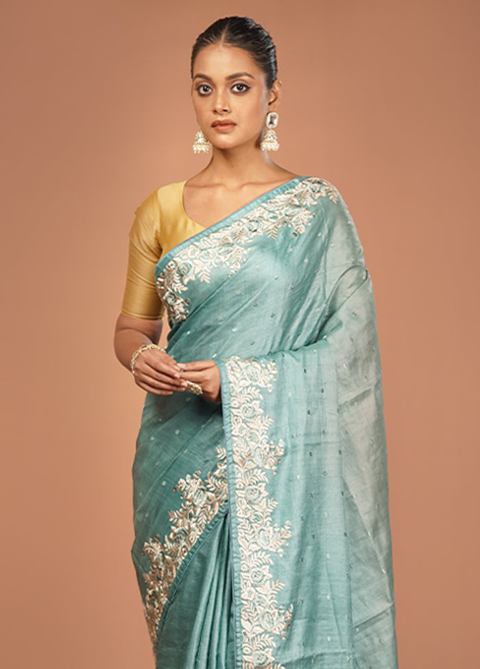 Green Handloom Tussar Pure Silk Saree With Blouse Piece