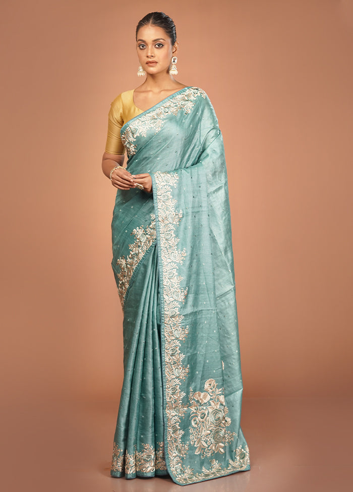 Green Handloom Tussar Pure Silk Saree With Blouse Piece