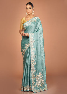 Green Handloom Tussar Pure Silk Saree With Blouse Piece