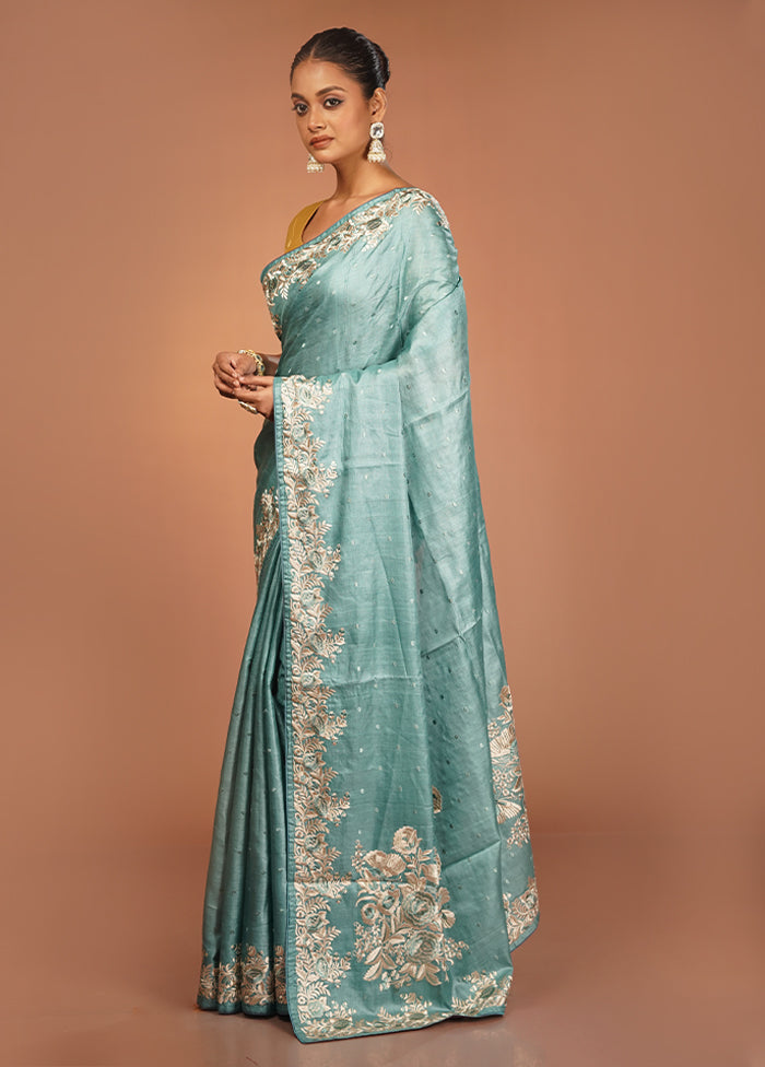 Green Handloom Tussar Pure Silk Saree With Blouse Piece