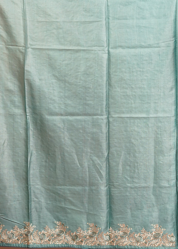 Green Handloom Tussar Pure Silk Saree With Blouse Piece
