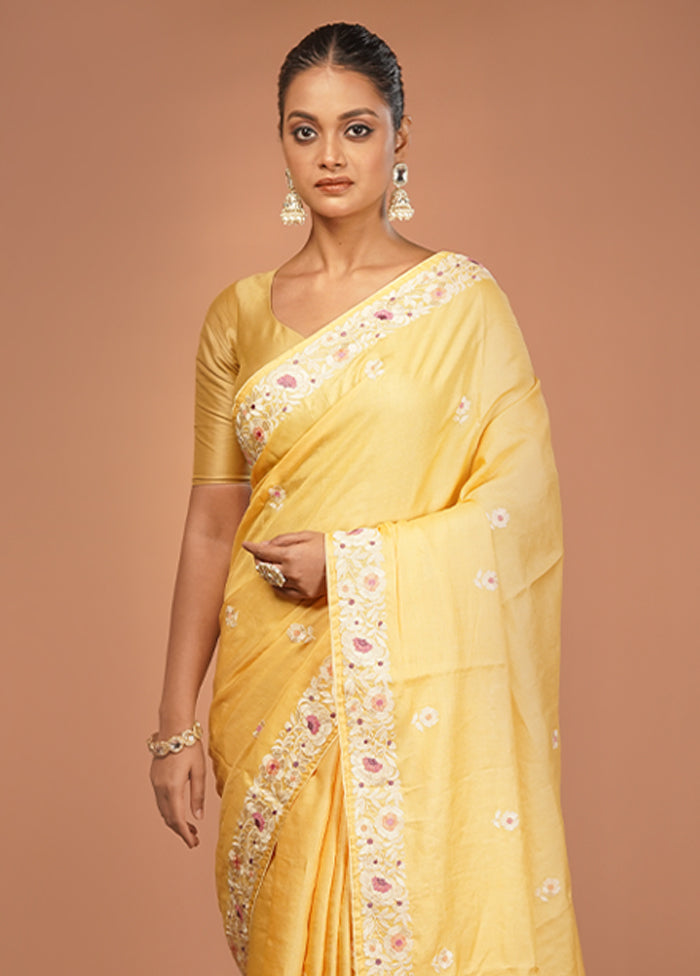 Yellow Handloom Tussar Pure Silk Saree With Blouse Piece