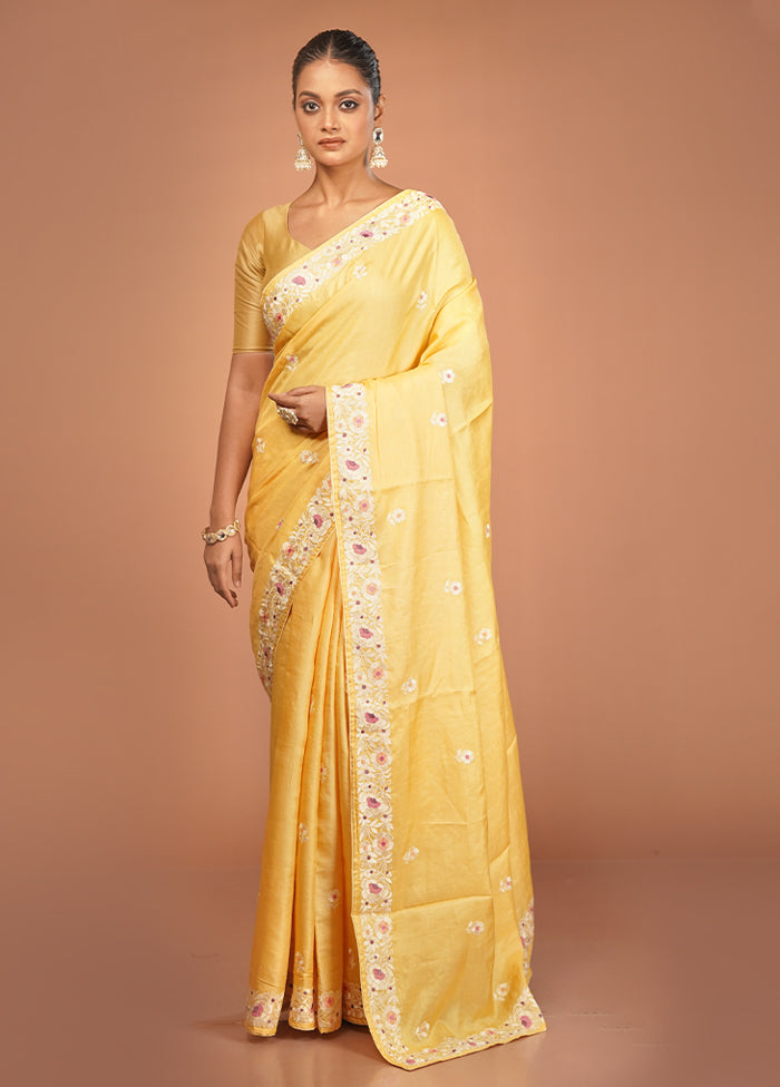 Yellow Handloom Tussar Pure Silk Saree With Blouse Piece