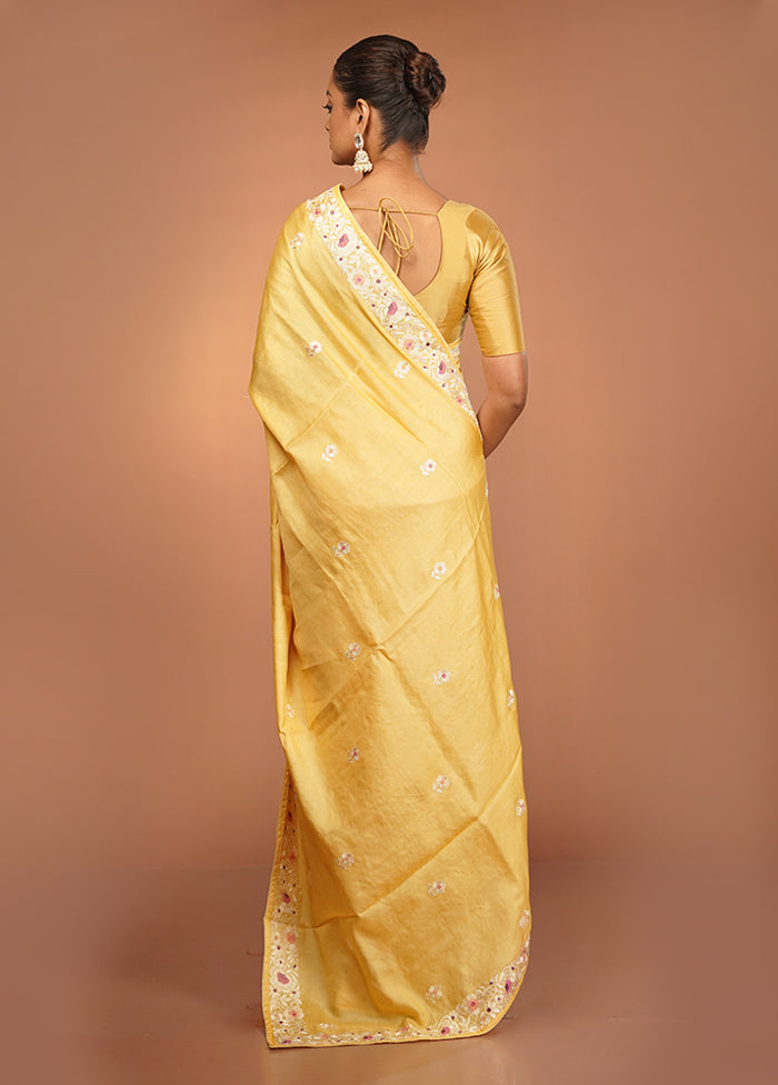 Yellow Handloom Tussar Pure Silk Saree With Blouse Piece
