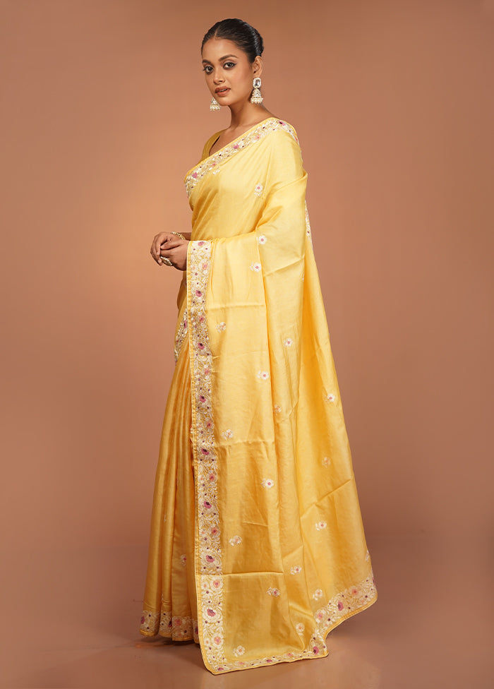 Yellow Handloom Tussar Pure Silk Saree With Blouse Piece