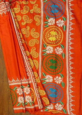 Orange Kantha Stitch Silk Saree With Blouse Piece