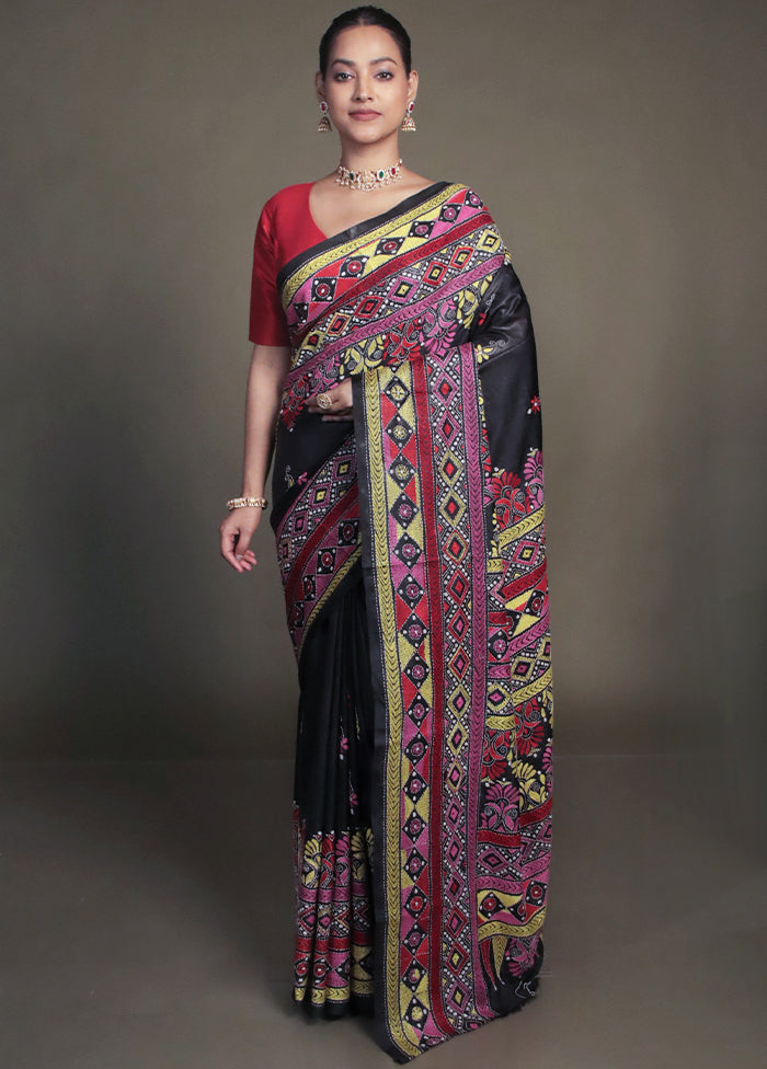 Black Kantha Stitch Silk Saree With Blouse Piece