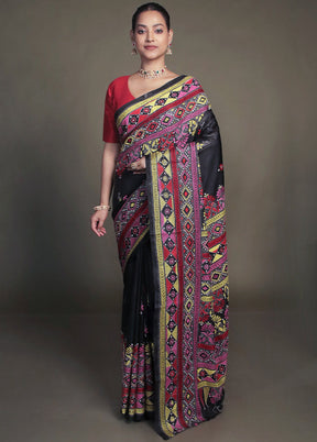 Black Kantha Stitch Silk Saree With Blouse Piece