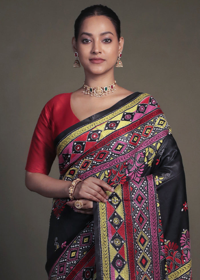 Black Kantha Stitch Silk Saree With Blouse Piece