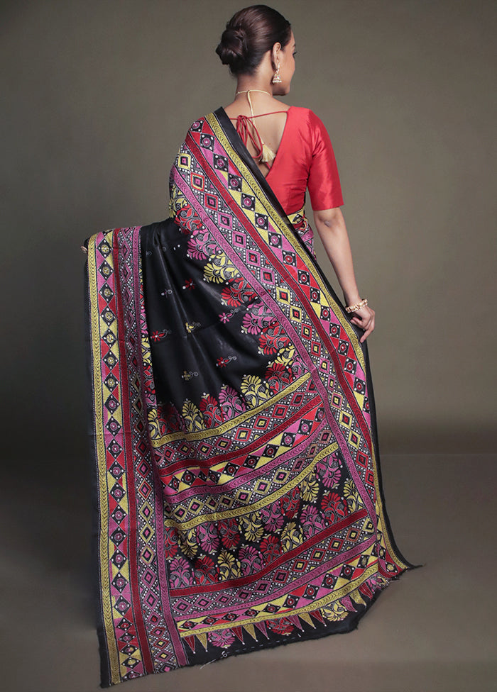 Black Kantha Stitch Silk Saree With Blouse Piece