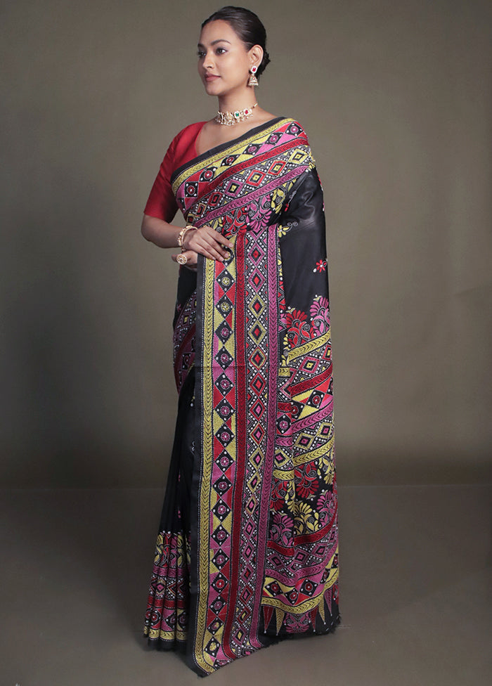 Black Kantha Stitch Silk Saree With Blouse Piece