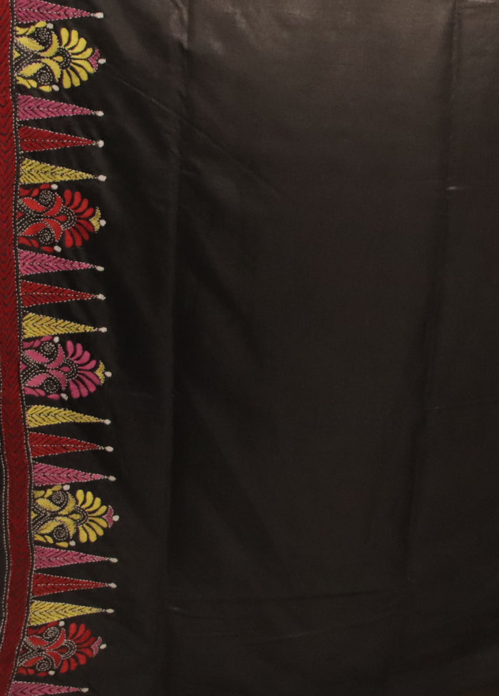 Black Kantha Stitch Silk Saree With Blouse Piece