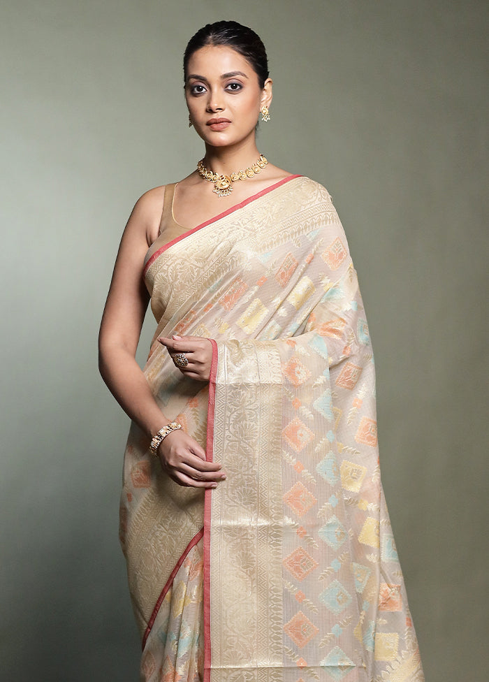 Cream Kora Silk Saree With Blouse Piece