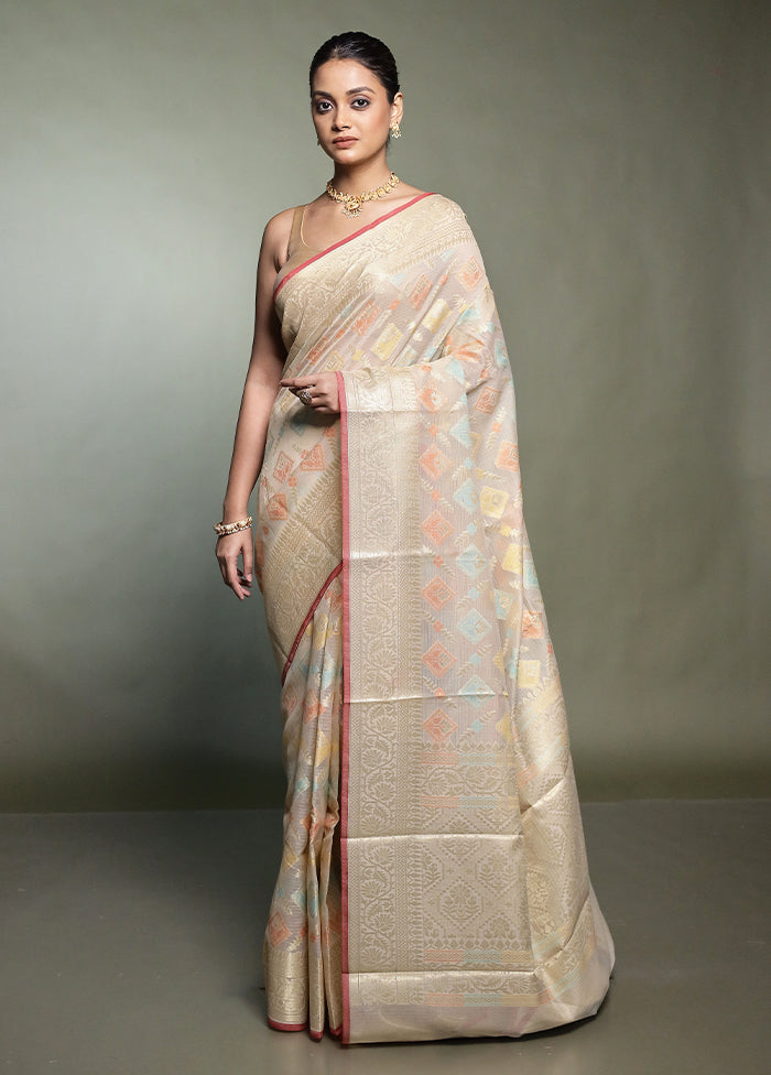 Cream Kora Silk Saree With Blouse Piece