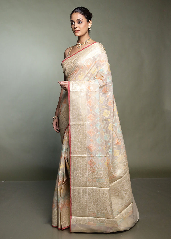 Cream Kora Silk Saree With Blouse Piece