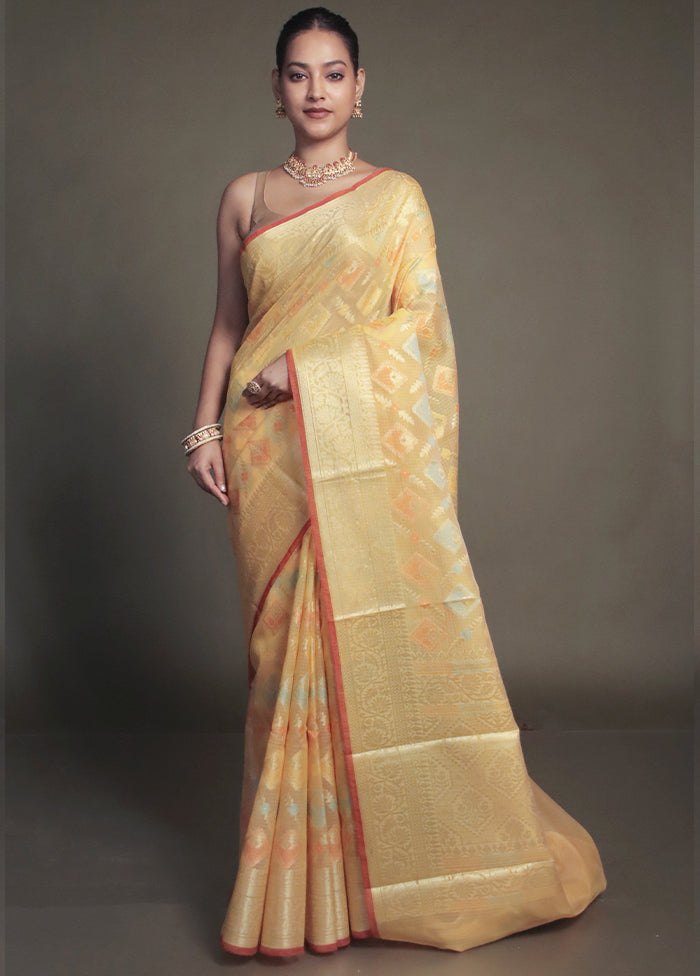 Yellow Kora Silk Saree With Blouse Piece