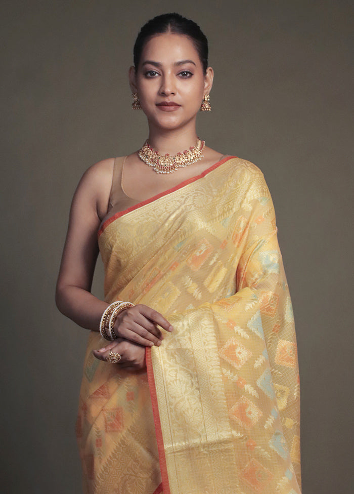 Yellow Kora Silk Saree With Blouse Piece