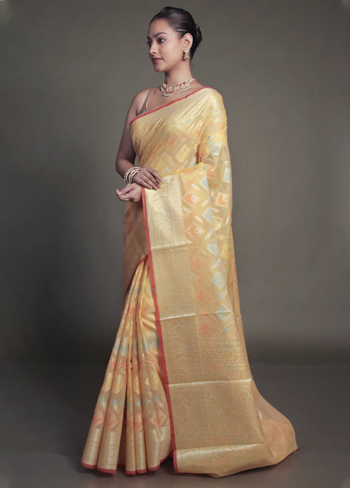Yellow Kora Silk Saree With Blouse Piece