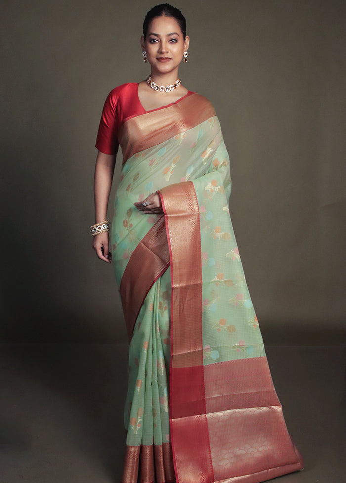 Green Kora Silk Saree With Blouse Piece