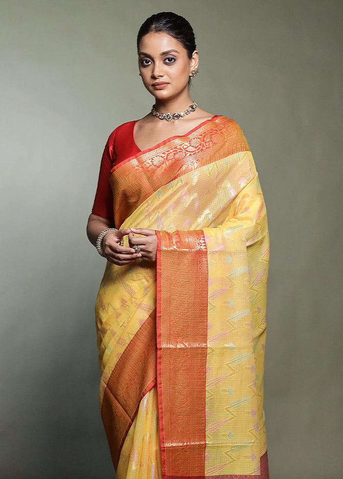 Yellow Kora Silk Saree With Blouse Piece