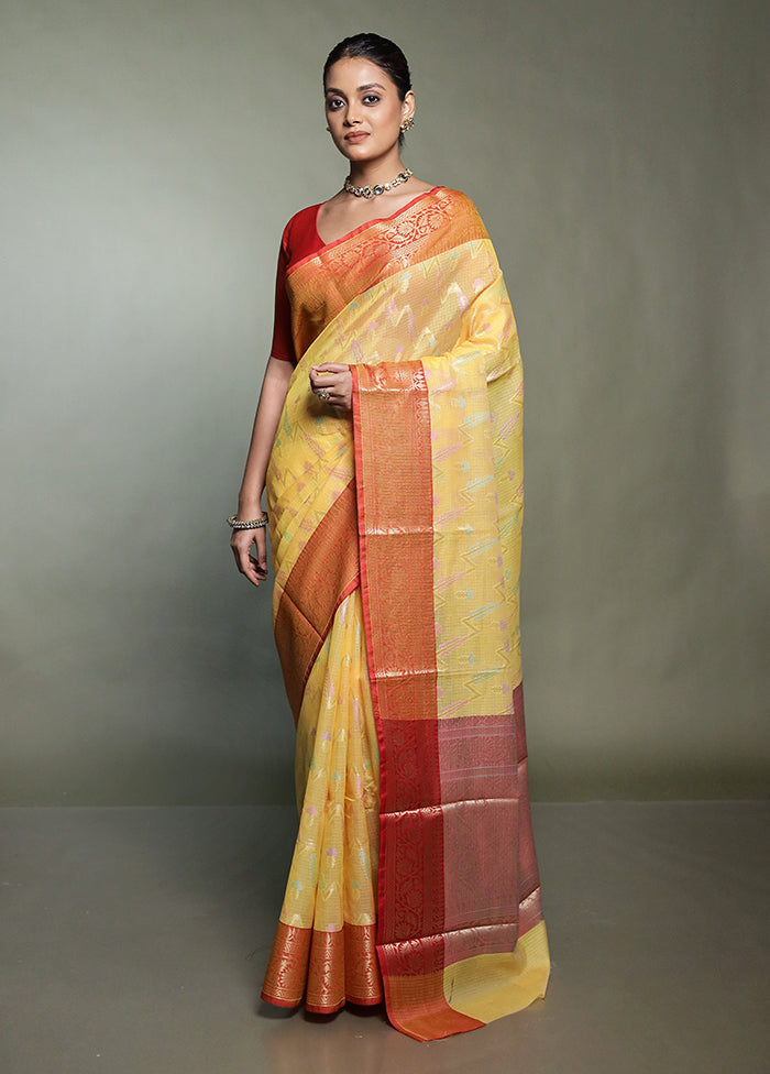 Yellow Kora Silk Saree With Blouse Piece