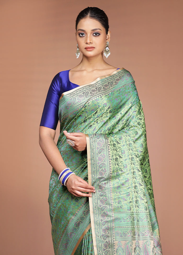 Green Handloom Jamewar Pure Silk Saree With Blouse Piece