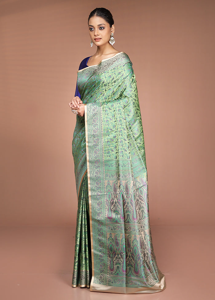 Green Handloom Jamewar Pure Silk Saree With Blouse Piece