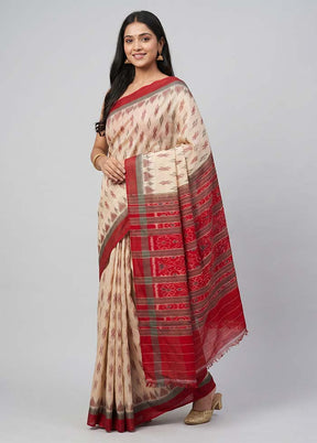 Cream Bomkai Silk Saree Without Blouse Piece