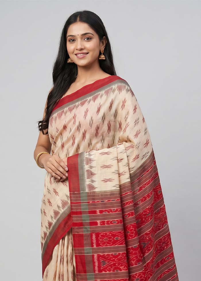 Cream Bomkai Silk Saree Without Blouse Piece