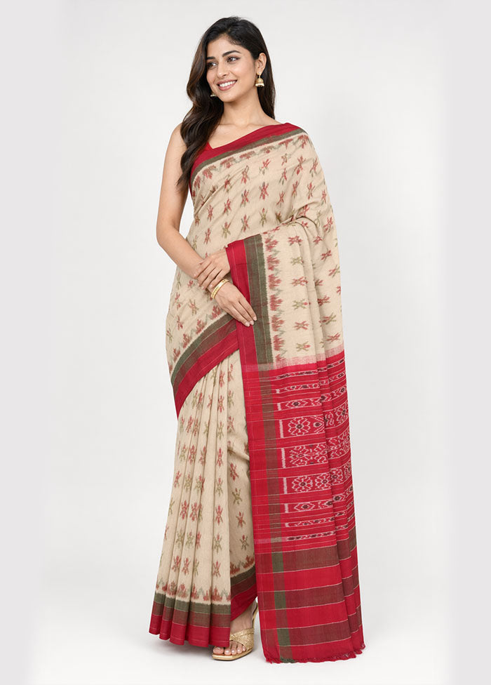 Cream Bomkai Silk Saree Without Blouse Piece