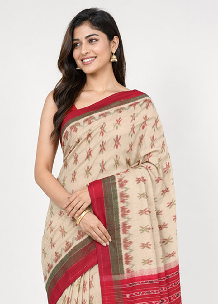 Cream Bomkai Silk Saree Without Blouse Piece