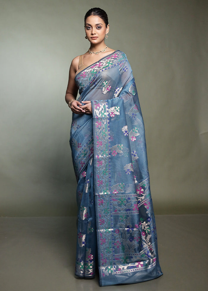 Blue Kota Cotton Saree With Blouse Piece