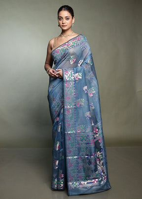 Blue Kota Cotton Saree With Blouse Piece